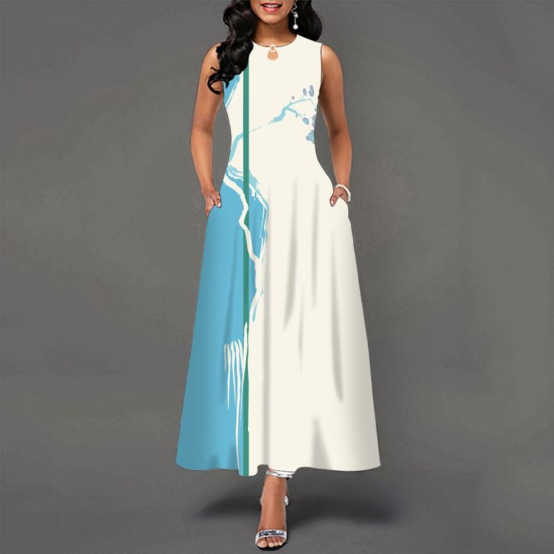 2024Popular Fashion European and African Style Round Neck Sleeveless Vest Printed Women Long Dresses Pocket Waist  Large Hem Colorful Women Clothes Ladies Long Skirt Formal Casual Girls Gift Dresses