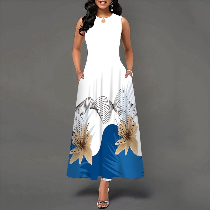 2024Popular Fashion European and African Style Round Neck Sleeveless Vest Printed Women Long Dresses Pocket Waist  Large Hem Colorful Women Clothes Ladies Long Skirt Formal Casual Girls Gift Dresses
