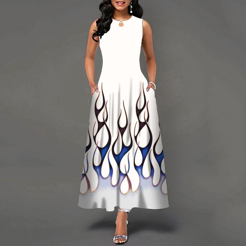2024Popular Fashion European and African Style Round Neck Sleeveless Vest Printed Women Long Dresses Pocket Waist  Large Hem Colorful Women Clothes Ladies Long Skirt Formal Casual Girls Gift Dresses