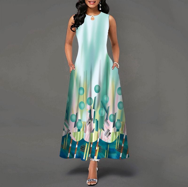 2024Popular Fashion European and African Style Round Neck Sleeveless Vest Printed Women Long Dresses Pocket Waist  Large Hem Colorful Women Clothes Ladies Long Skirt Formal Casual Girls Gift Dresses