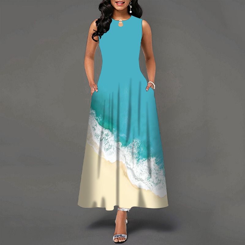 2024Popular Fashion European and African Style Round Neck Sleeveless Vest Printed Women Long Dresses Pocket Waist  Large Hem Colorful Women Clothes Ladies Long Skirt Formal Casual Girls Gift Dresses