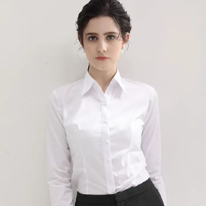 Fashionable Women's Solid Color Shirt Long Sleeved Formal Top Office Women's Slim Fit V-neck Casual Shirt No Iron High-End Professional Formal Work Shirt