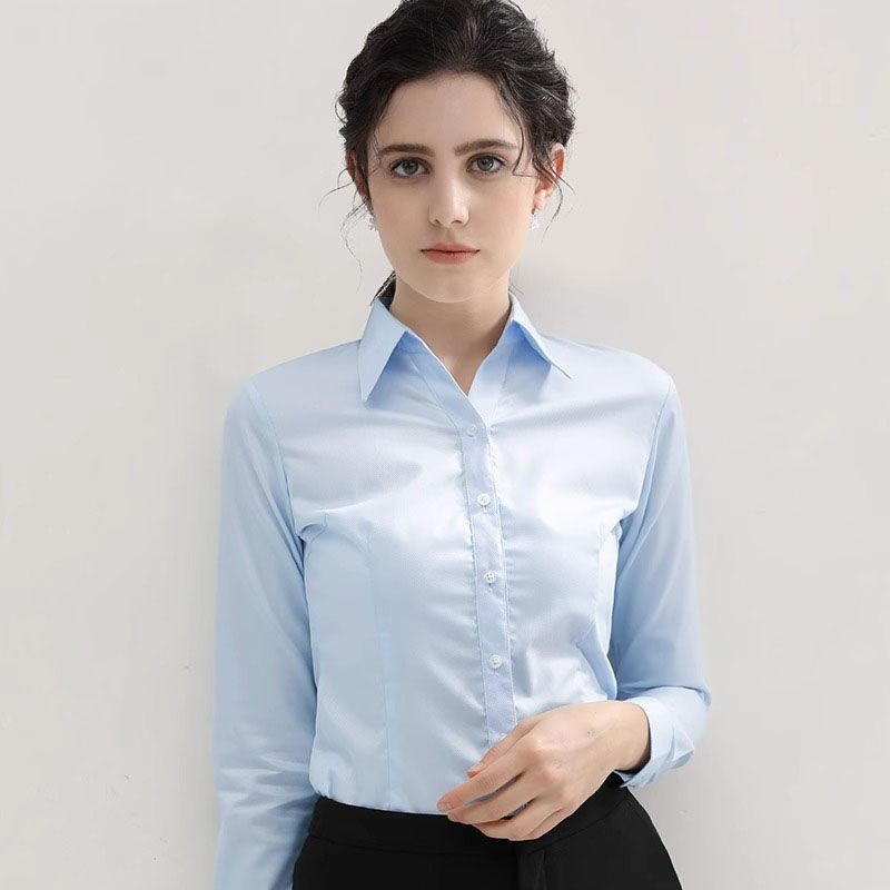 Fashionable Women's Solid Color Shirt Long Sleeved Formal Top Office Women's Slim Fit V-neck Casual Shirt No Iron High-End Professional Formal Work Shirt