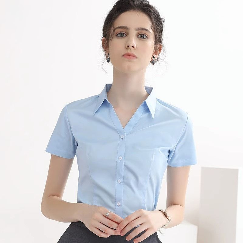 Fashionable Women's Solid Color Shirt Long Sleeved Formal Top Office Women's Slim Fit V-neck Casual Shirt No Iron High-End Professional Formal Work Shirt