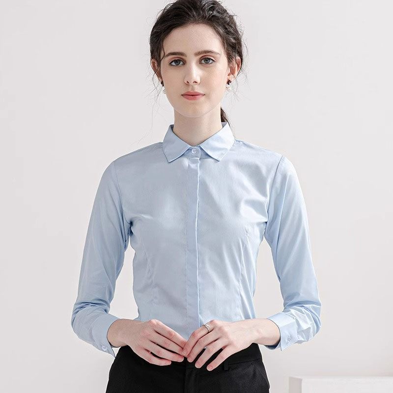 Fashionable Women's Solid Color Shirt Long Sleeved Formal Top Office Women's Slim Fit V-neck Casual Shirt No Iron High-End Professional Formal Work Shirt