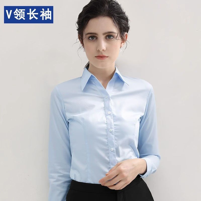 Fashionable Women's Solid Color Shirt Long Sleeved Formal Top Office Women's Slim Fit V-neck Casual Shirt No Iron High-End Professional Formal Work Shirt