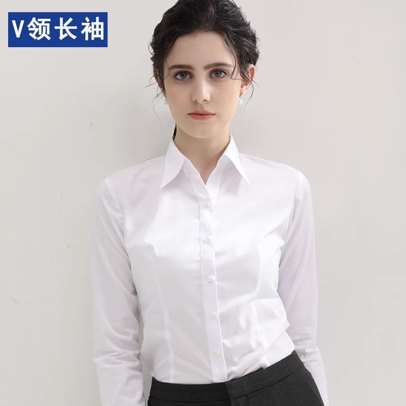Fashionable Women's Solid Color Shirt Long Sleeved Formal Top Office Women's Slim Fit V-neck Casual Shirt No Iron High-End Professional Formal Work Shirt