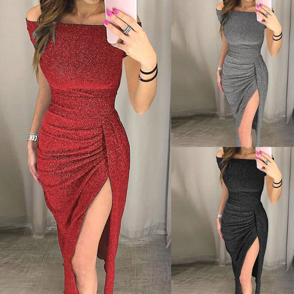 2024 New Dress Popular in Europe And America Women's Hip Wrap Dress slit One-line Collar Dress Shiny Dress Dinner Dress Party Evening Dress  Popular in Europe And America Women's Hip Wrap Dress slit O