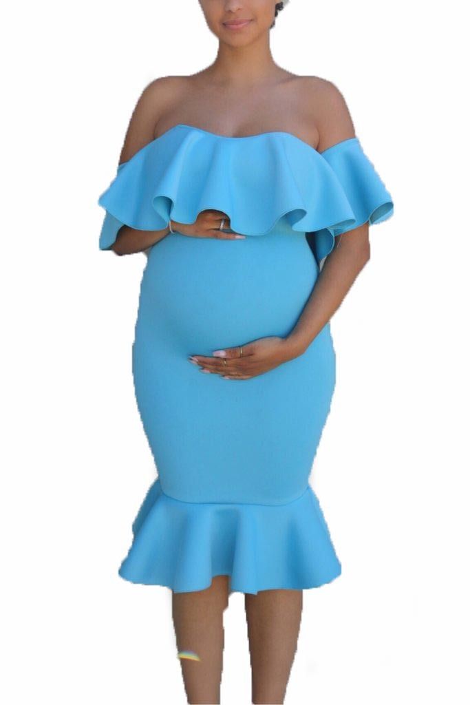 2024 African Popular Elastic Pregnant Women Ruffle Collar Evening Dress Maternity Photography Skirt