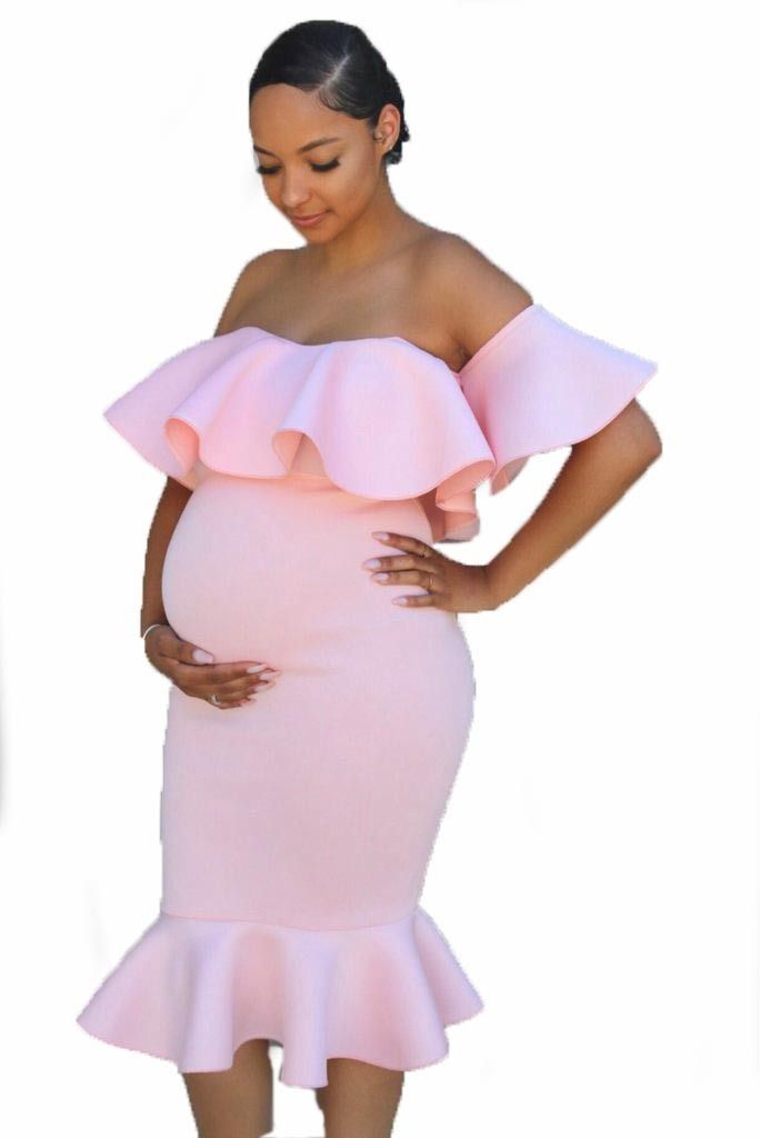2024 African Popular Elastic Pregnant Women Ruffle Collar Evening Dress Maternity Photography Skirt
