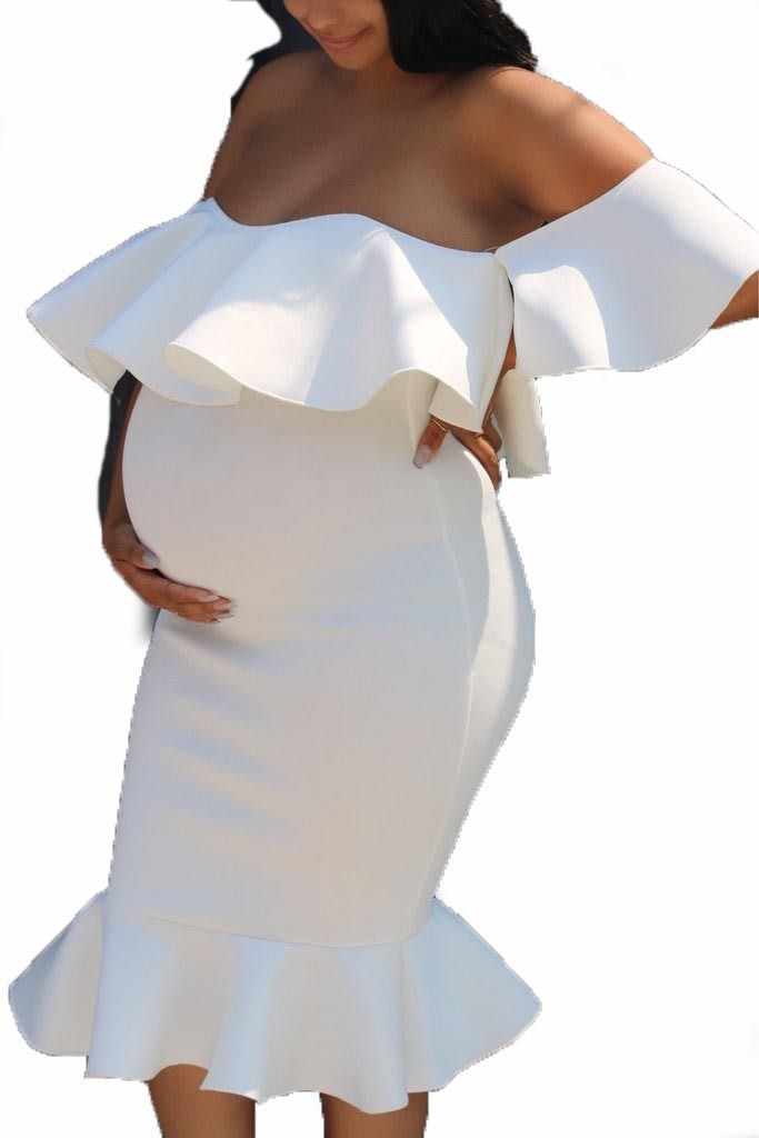 2024 African Popular Elastic Pregnant Women Ruffle Collar Evening Dress Maternity Photography Skirt