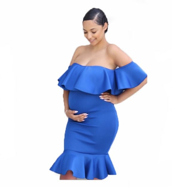 2024 African Popular Elastic Pregnant Women Ruffle Collar Evening Dress Maternity Photography Skirt