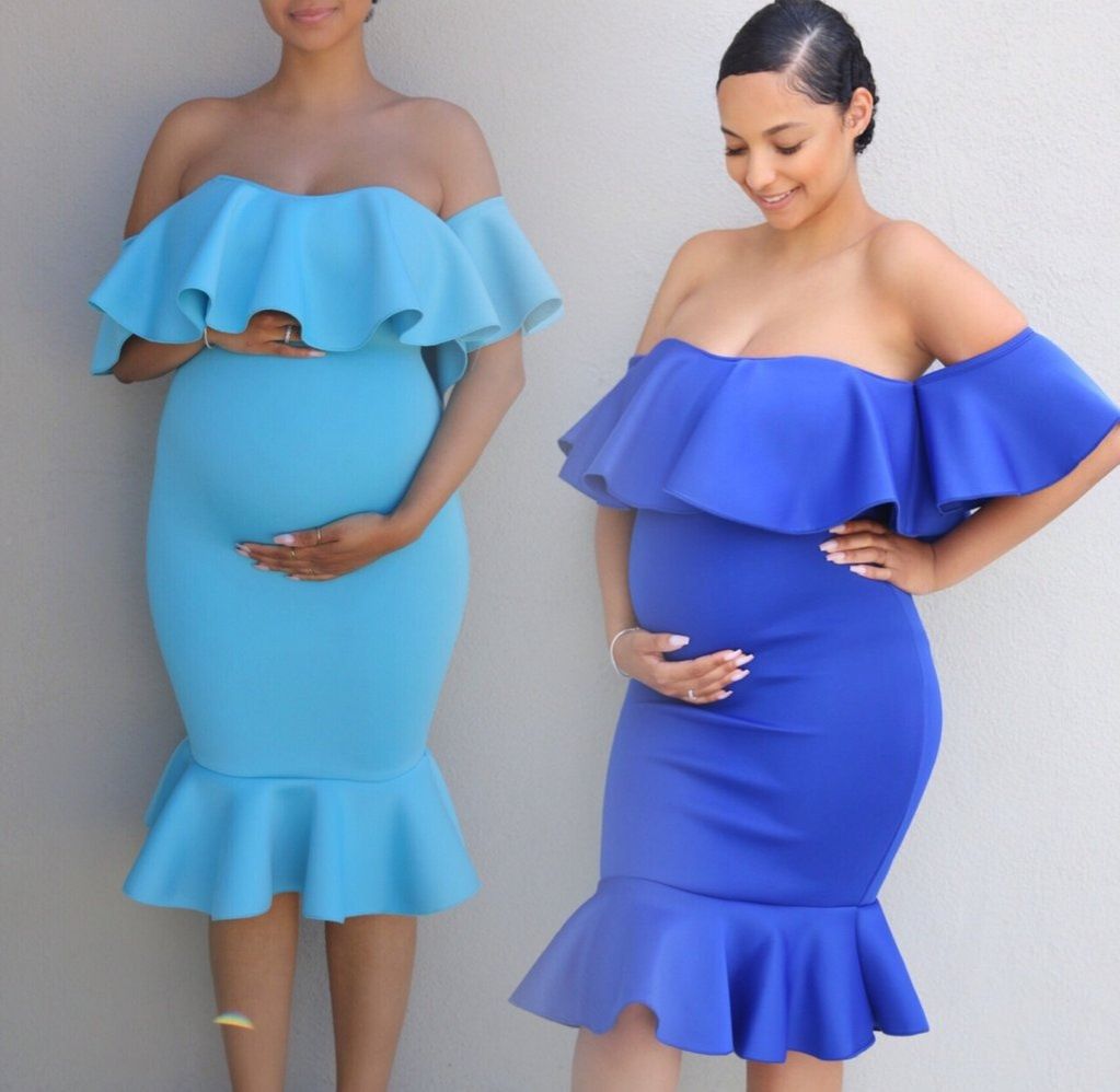 2024 African Popular Elastic Pregnant Women Ruffle Collar Evening Dress Maternity Photography Skirt