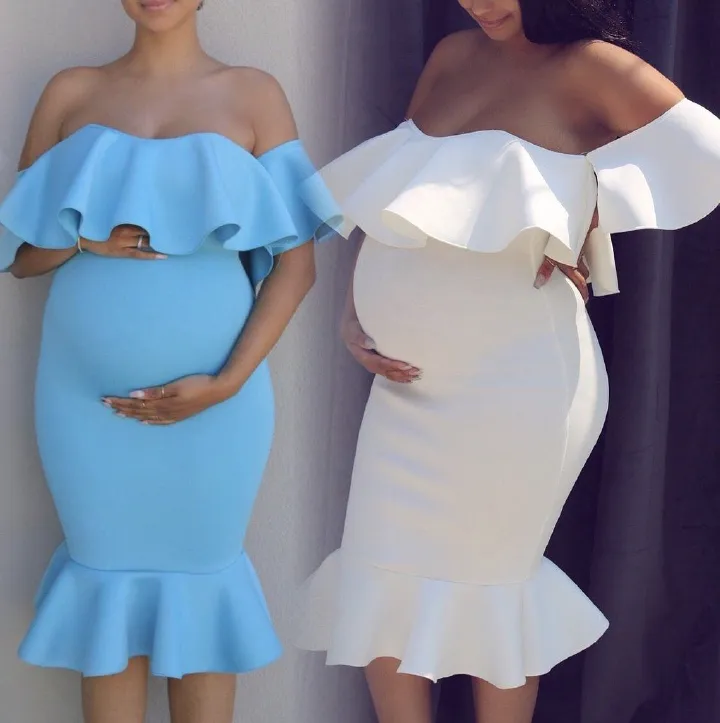2024 African Popular Elastic Pregnant Women Ruffle Collar Evening Dress Maternity Photography Skirt