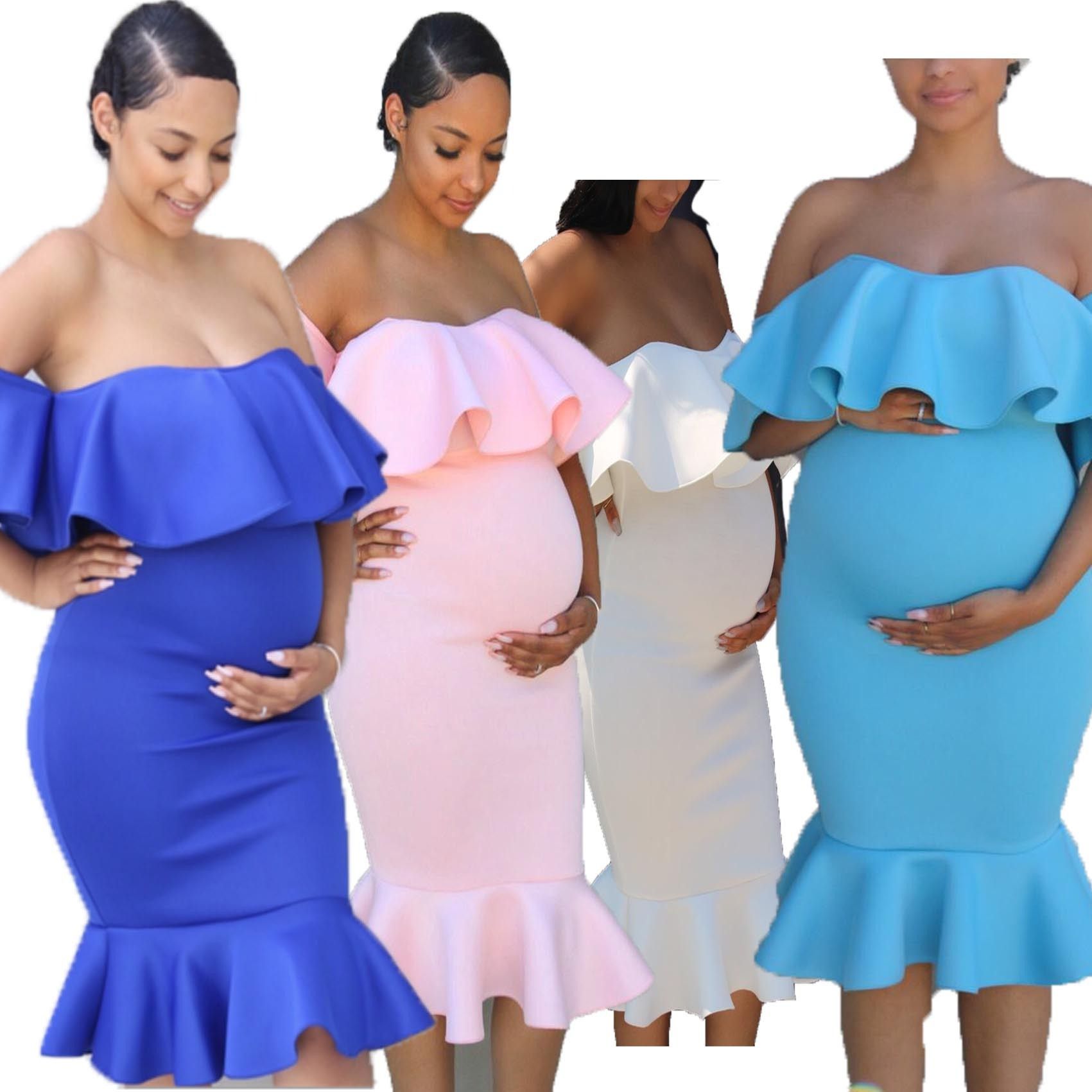 2024 African Popular Elastic Pregnant Women Ruffle Collar Evening Dress Maternity Photography Skirt