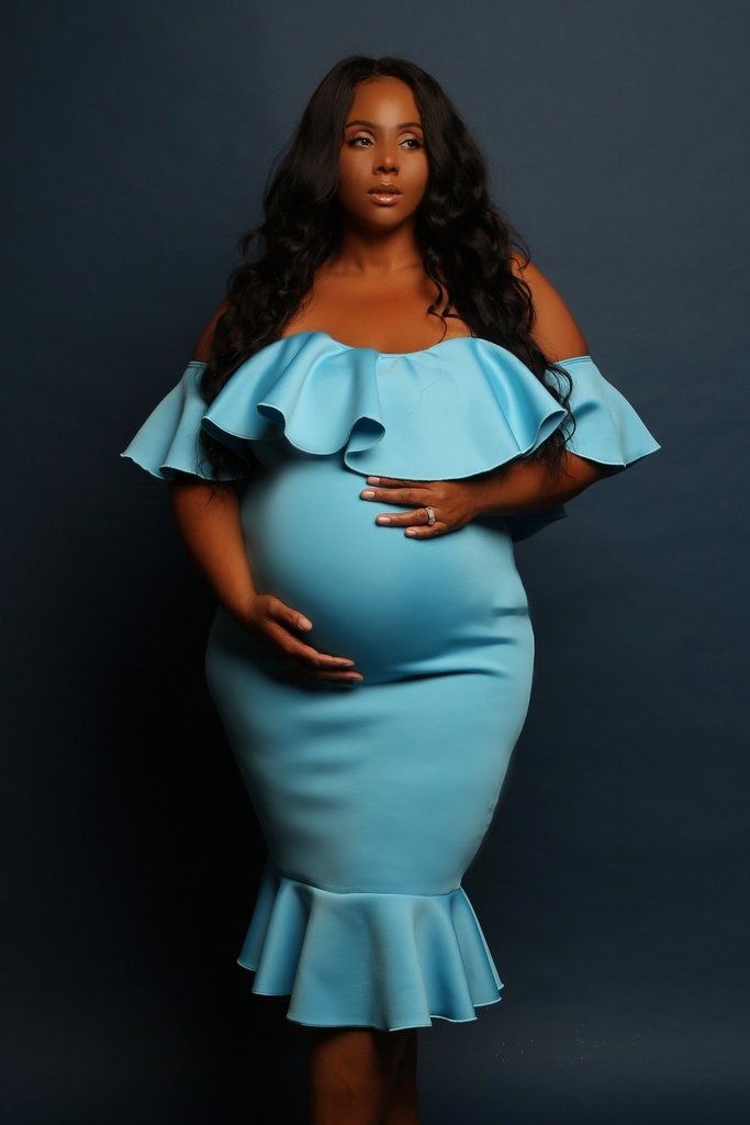 2024 African Popular Elastic Pregnant Women Ruffle Collar Evening Dress Maternity Photography Skirt