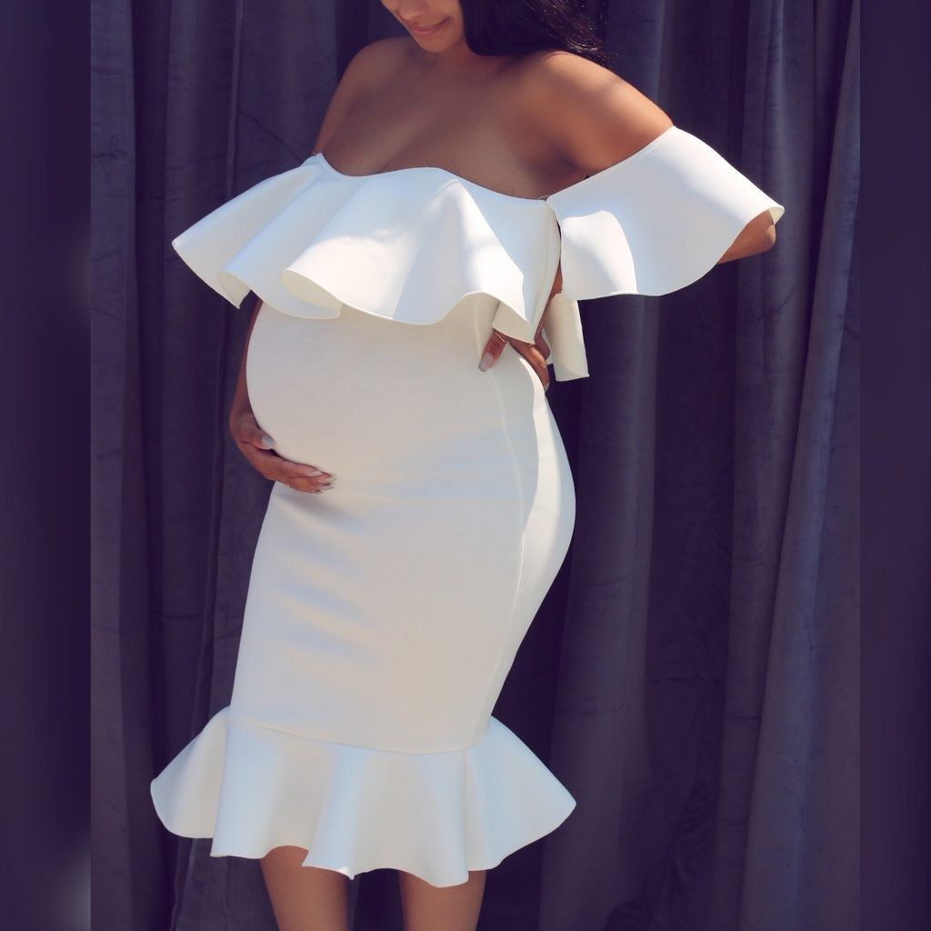 2024 African Popular Elastic Pregnant Women Ruffle Collar Evening Dress Maternity Photography Skirt