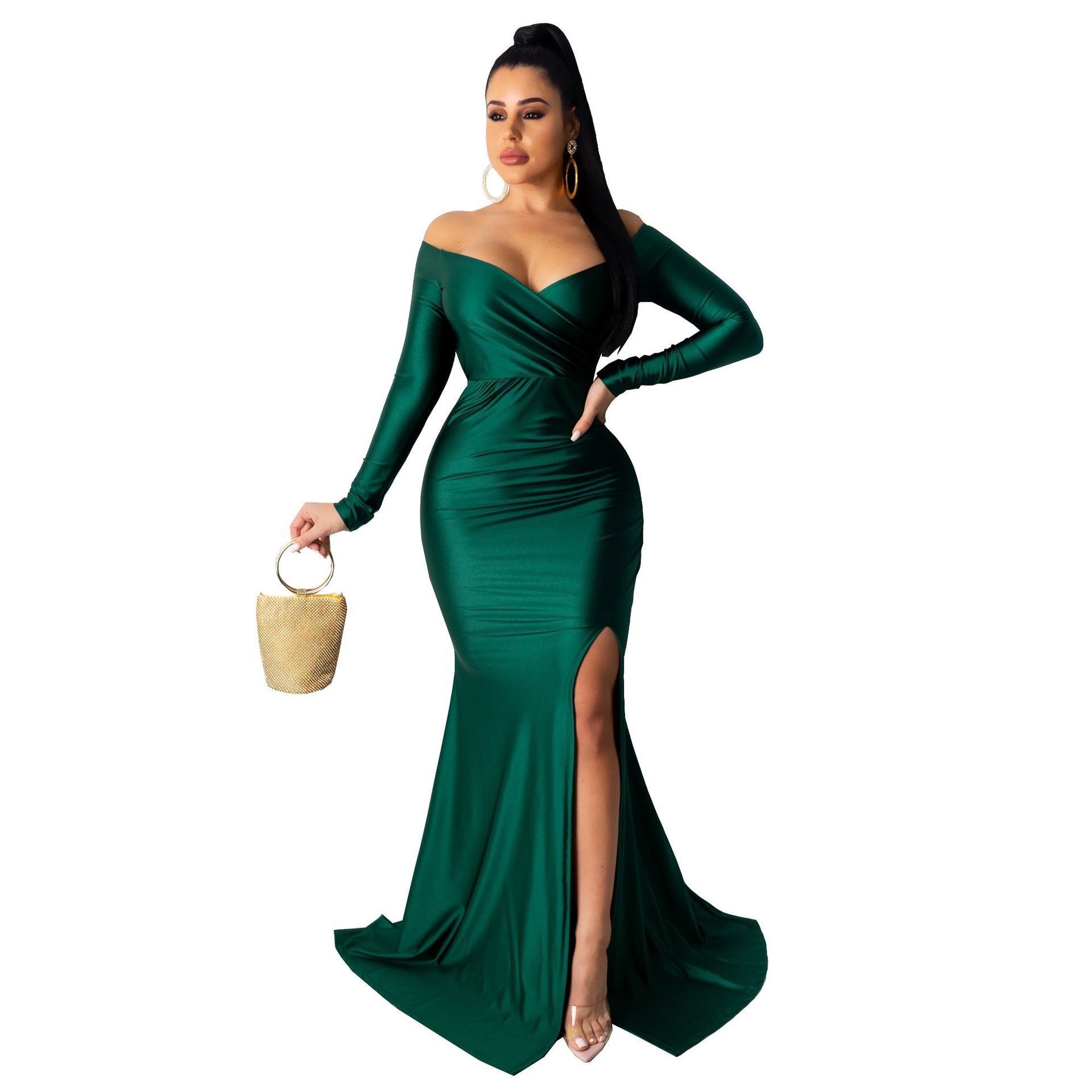 Hot Sale Women Sexy Evening Dresses Nightclub V-neck Large Split Lady Long Skirt Long Sleeve CeremonY Celebrations  Girls Lady Dress