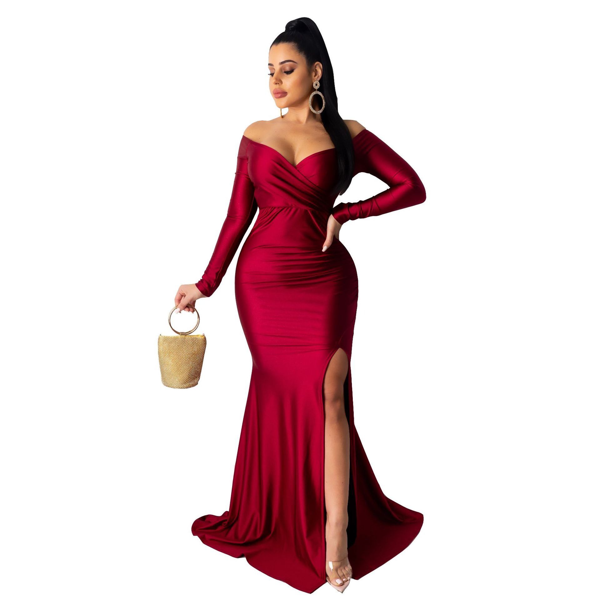 Hot Sale Women Sexy Evening Dresses Nightclub V-neck Large Split Lady Long Skirt Long Sleeve CeremonY Celebrations  Girls Lady Dress