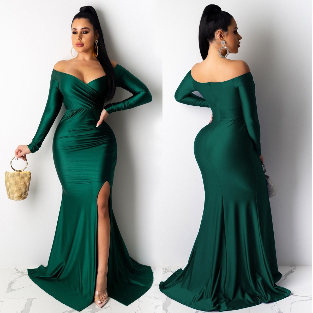 Hot Sale Women Sexy Evening Dresses Nightclub V-neck Large Split Lady Long Skirt Long Sleeve CeremonY Celebrations  Girls Lady Dress