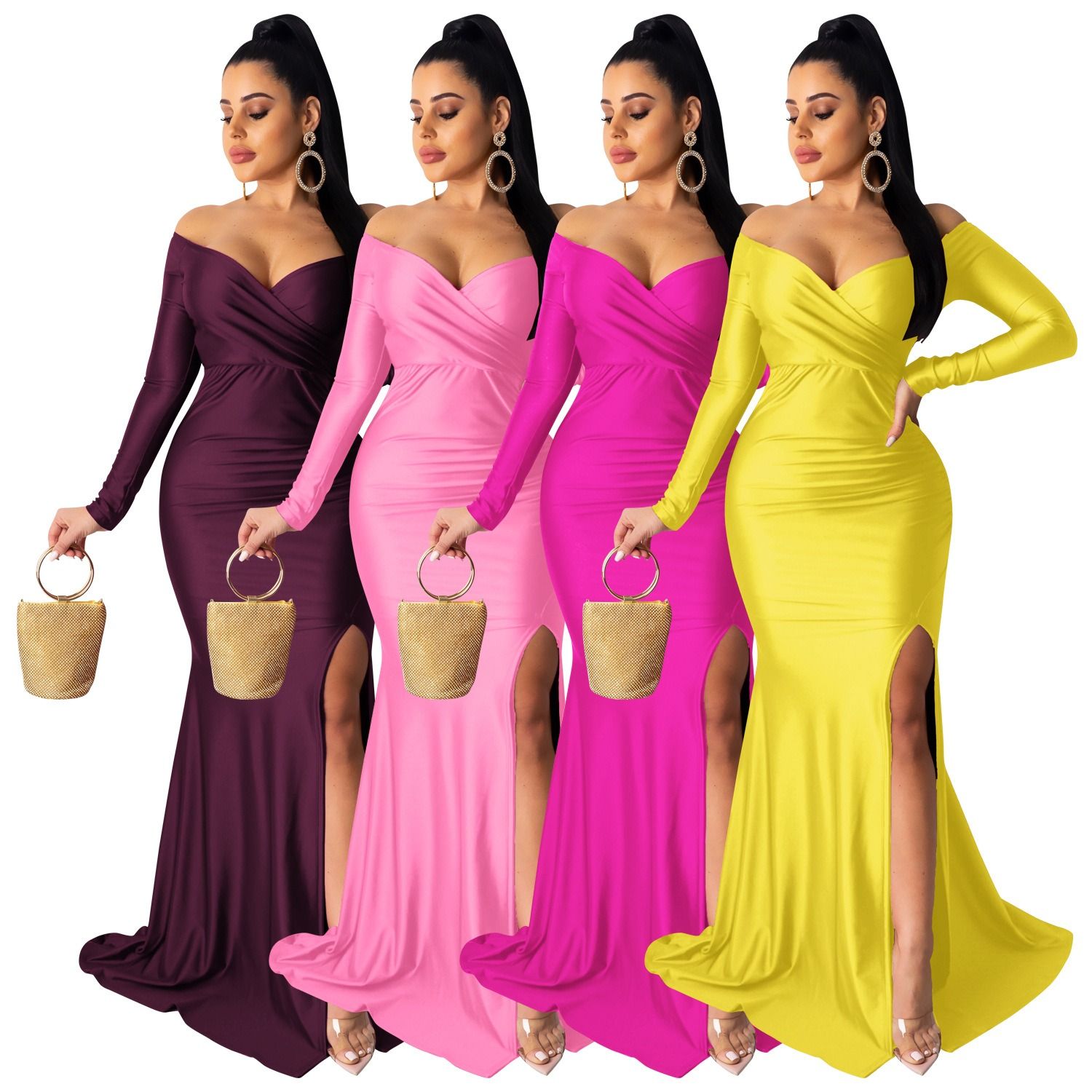 Hot Sale Women Sexy Evening Dresses Nightclub V-neck Large Split Lady Long Skirt Long Sleeve CeremonY Celebrations  Girls Lady Dress