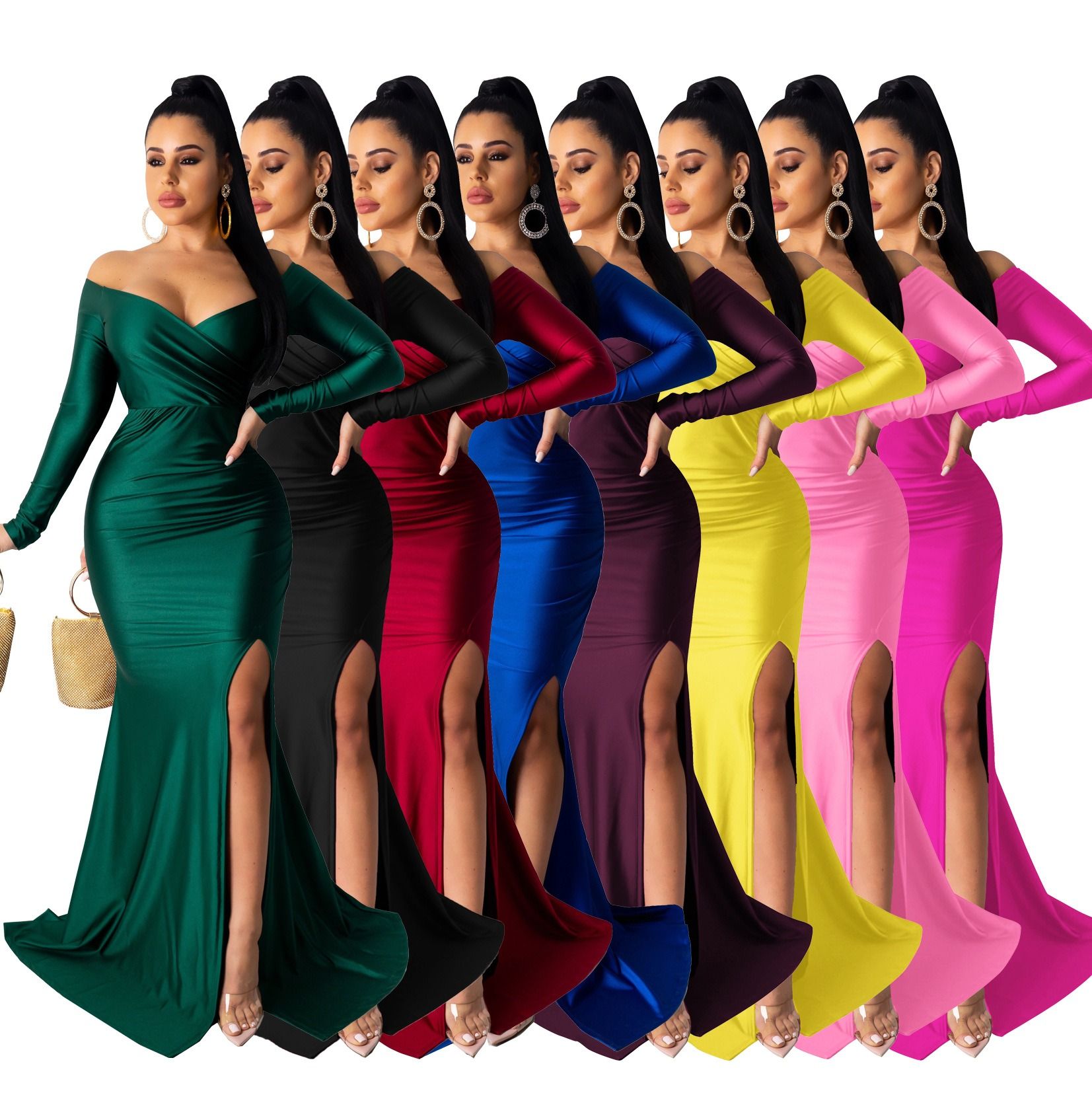Hot Sale Women Sexy Evening Dresses Nightclub V-neck Large Split Lady Long Skirt Long Sleeve CeremonY Celebrations  Girls Lady Dress