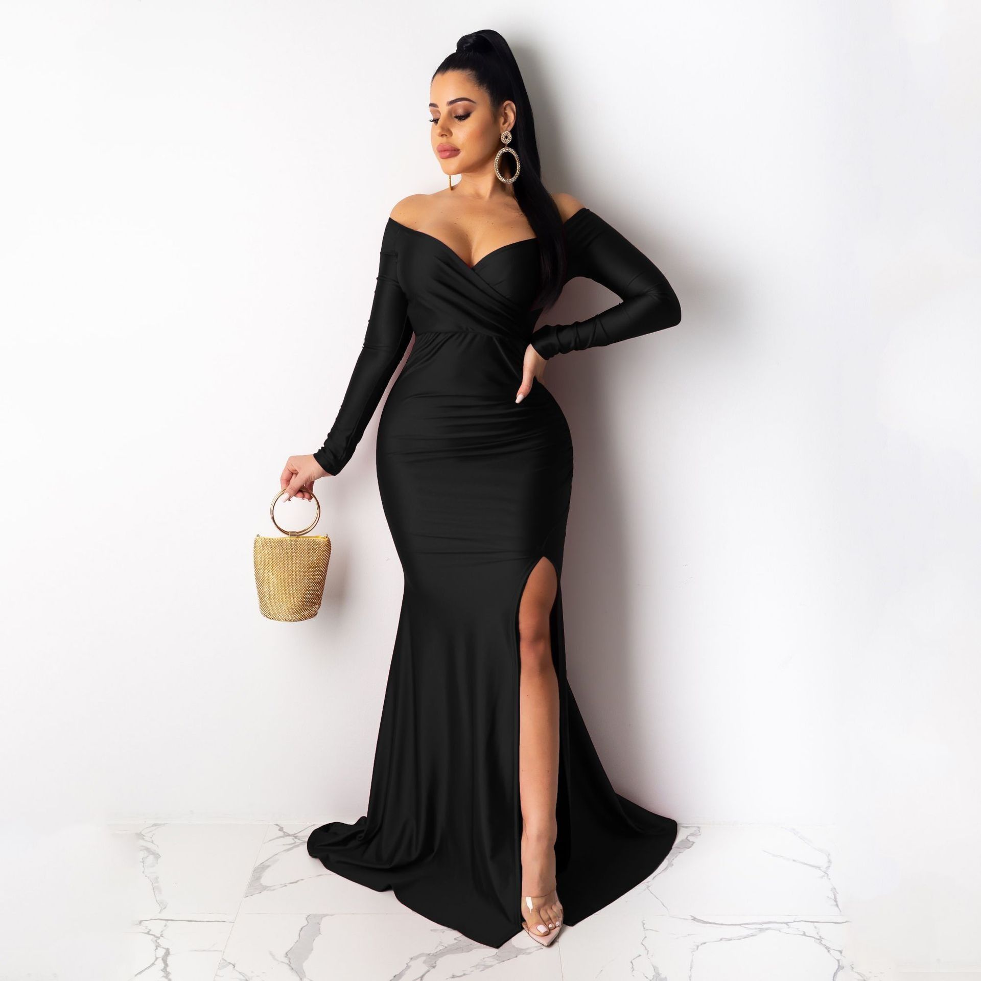 Hot Sale Women Sexy Evening Dresses Nightclub V-neck Large Split Lady Long Skirt Long Sleeve CeremonY Celebrations  Girls Lady Dress