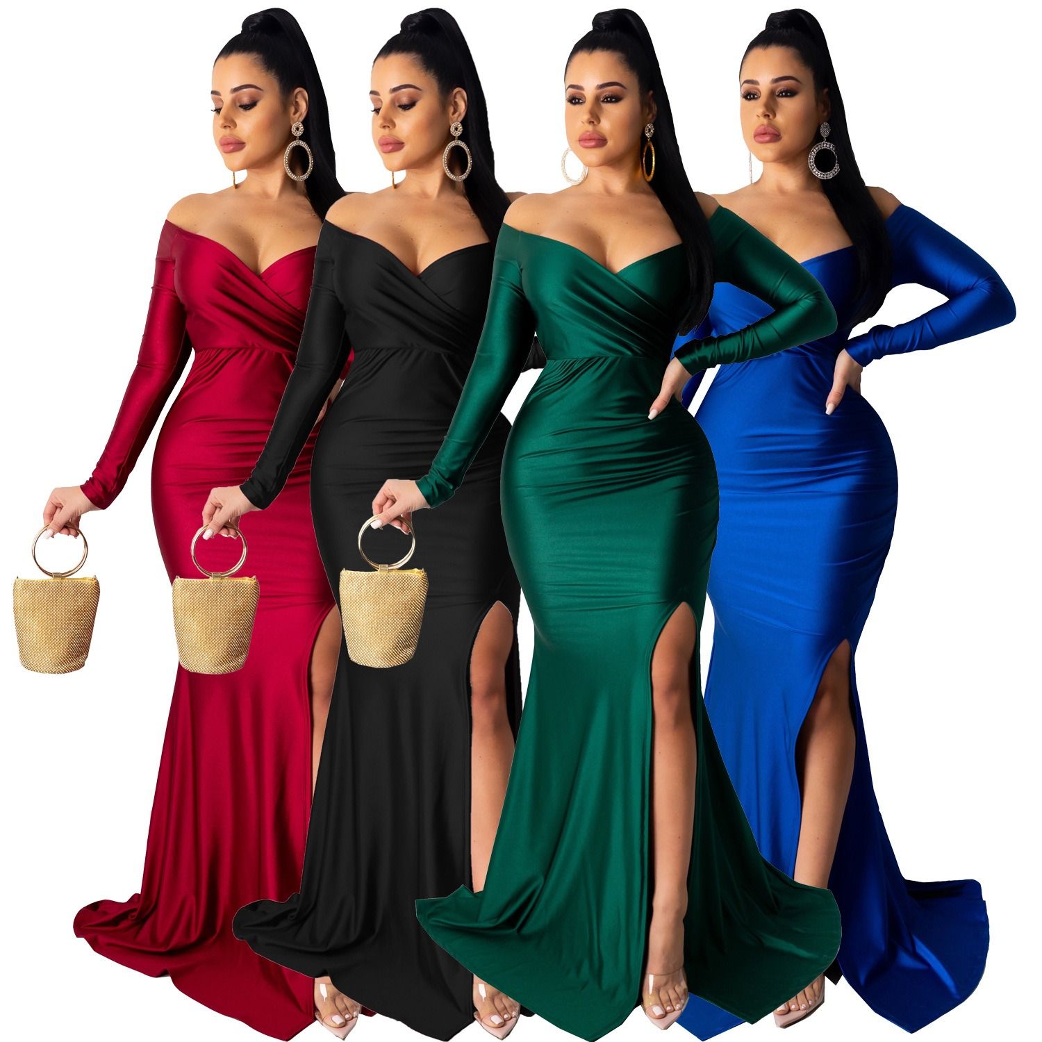 Hot Sale Women Sexy Evening Dresses Nightclub V-neck Large Split Lady Long Skirt Long Sleeve CeremonY Celebrations  Girls Lady Dress