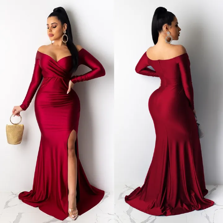Hot Sale Women Sexy Evening Dresses Nightclub V-neck Large Split Lady Long Skirt Long Sleeve CeremonY Celebrations  Girls Lady Dress