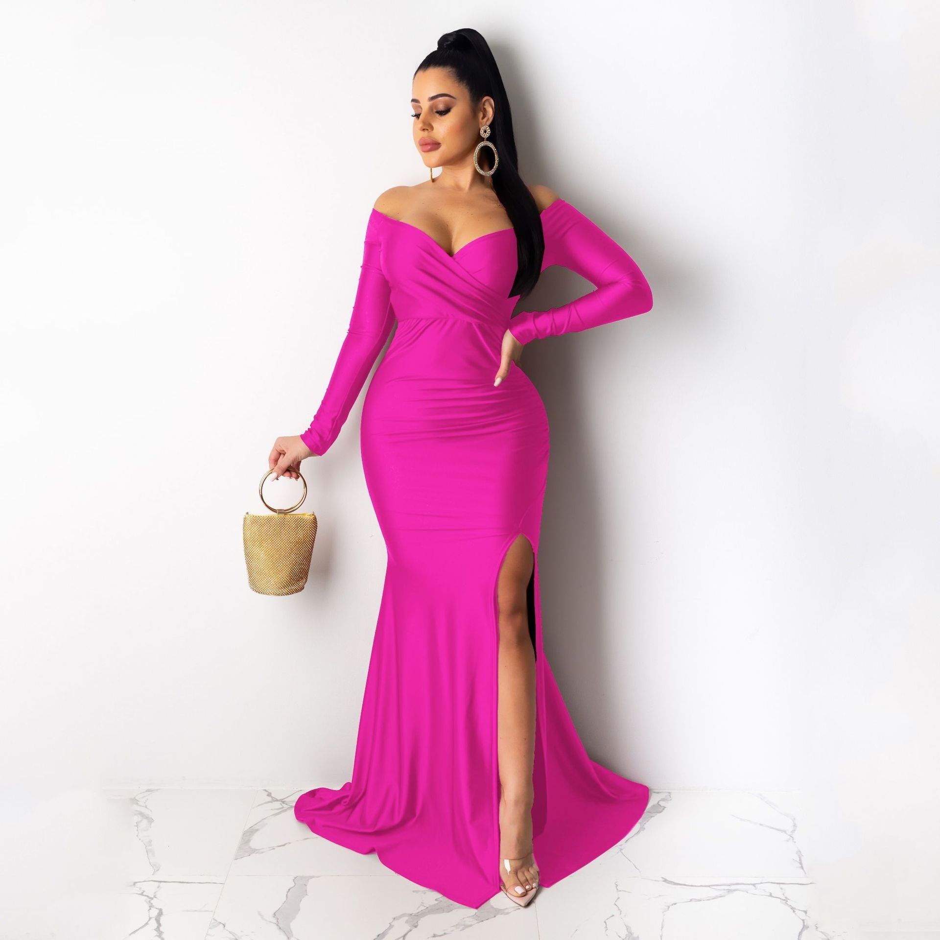 Hot Sale Women Sexy Evening Dresses Nightclub V-neck Large Split Lady Long Skirt Long Sleeve CeremonY Celebrations  Girls Lady Dress