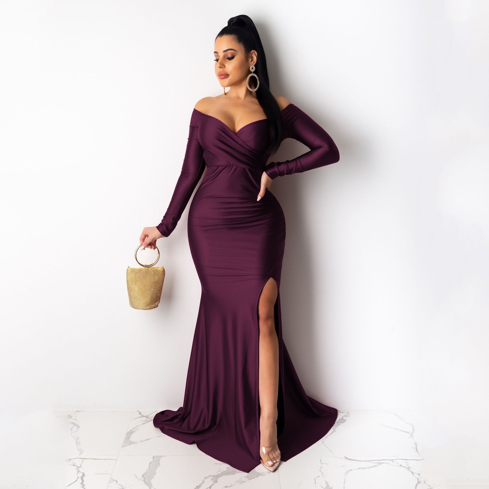 Hot Sale Women Sexy Evening Dresses Nightclub V-neck Large Split Lady Long Skirt Long Sleeve CeremonY Celebrations  Girls Lady Dress