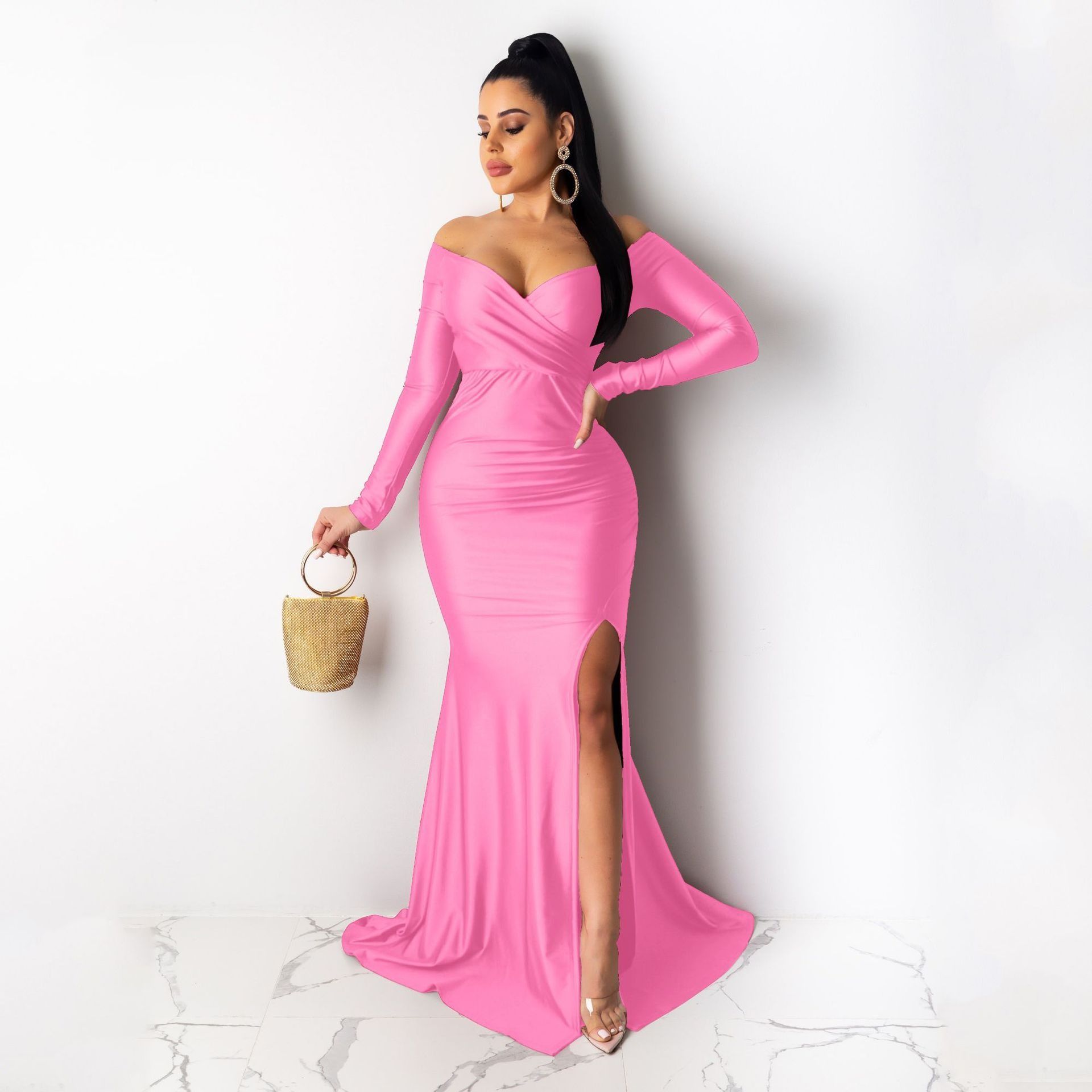 Hot Sale Women Sexy Evening Dresses Nightclub V-neck Large Split Lady Long Skirt Long Sleeve CeremonY Celebrations  Girls Lady Dress