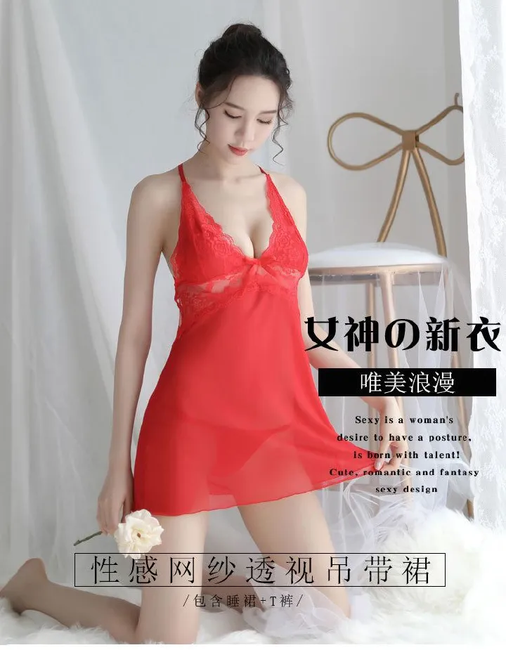 Sexy Perspective Lady Pajamas Set Lace Mesh Stitching Temptation Sling Girls Braces Skirt Nightdress Cross Back Lady Dress Night Wear