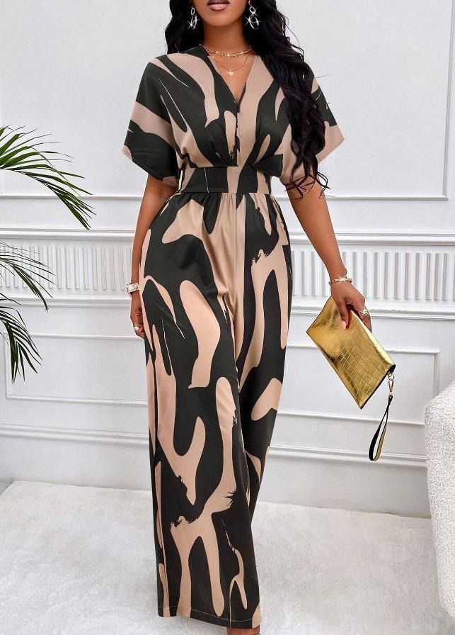 Summer Africa's new high-waisted women's full-body printed bat sleeves will only commuter style elegant wide leg straight onesie - suitable for casual wear