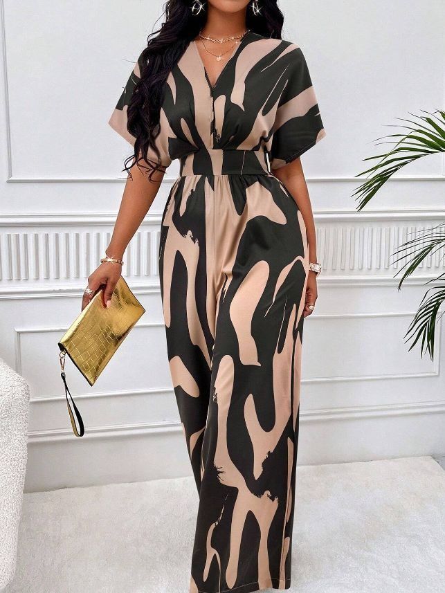 Summer Africa's new high-waisted women's full-body printed bat sleeves will only commuter style elegant wide leg straight onesie - suitable for casual wear