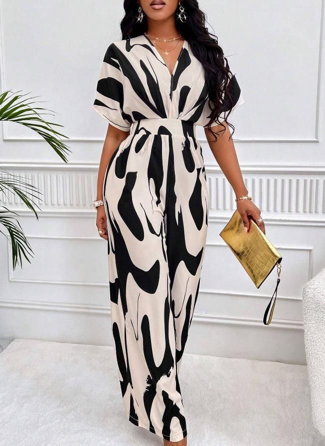 Summer Africa's new high-waisted women's full-body printed bat sleeves will only commuter style elegant wide leg straight onesie - suitable for casual wear