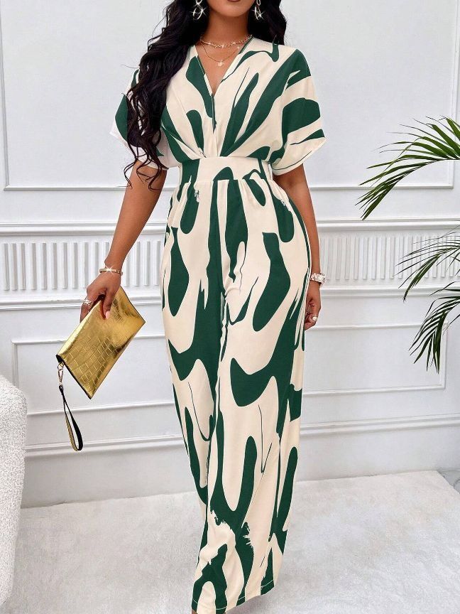 Summer Africa's new high-waisted women's full-body printed bat sleeves will only commuter style elegant wide leg straight onesie - suitable for casual wear