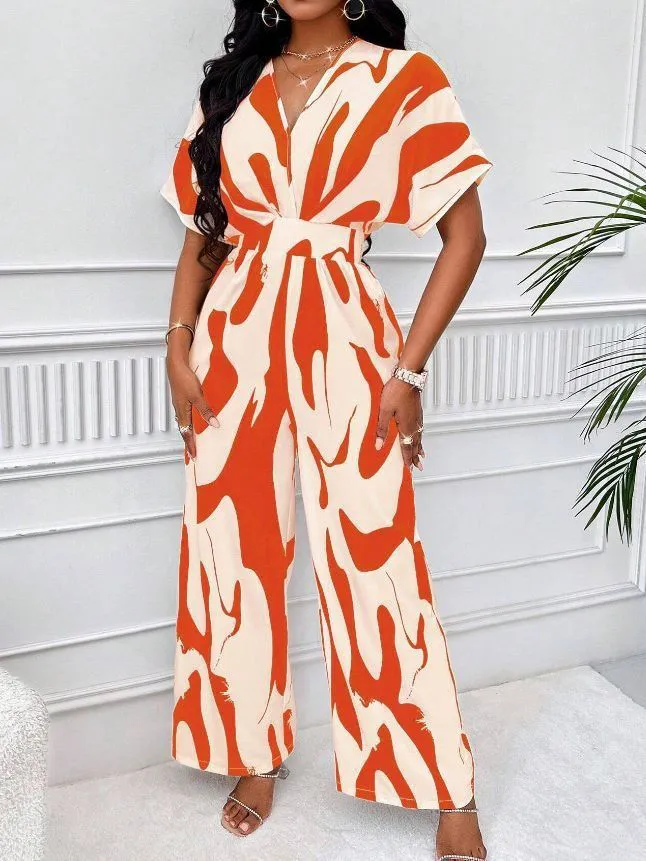 Summer Africa's new high-waisted women's full-body printed bat sleeves will only commuter style elegant wide leg straight onesie - suitable for casual wear