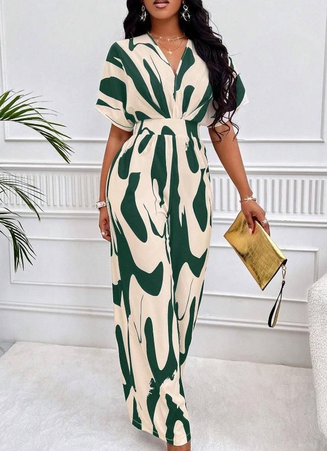 Summer Africa's new high-waisted women's full-body printed bat sleeves will only commuter style elegant wide leg straight onesie - suitable for casual wear