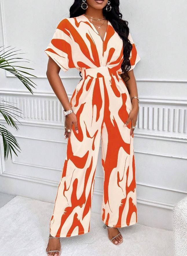 Summer Africa's new high-waisted women's full-body printed bat sleeves will only commuter style elegant wide leg straight onesie - suitable for casual wear