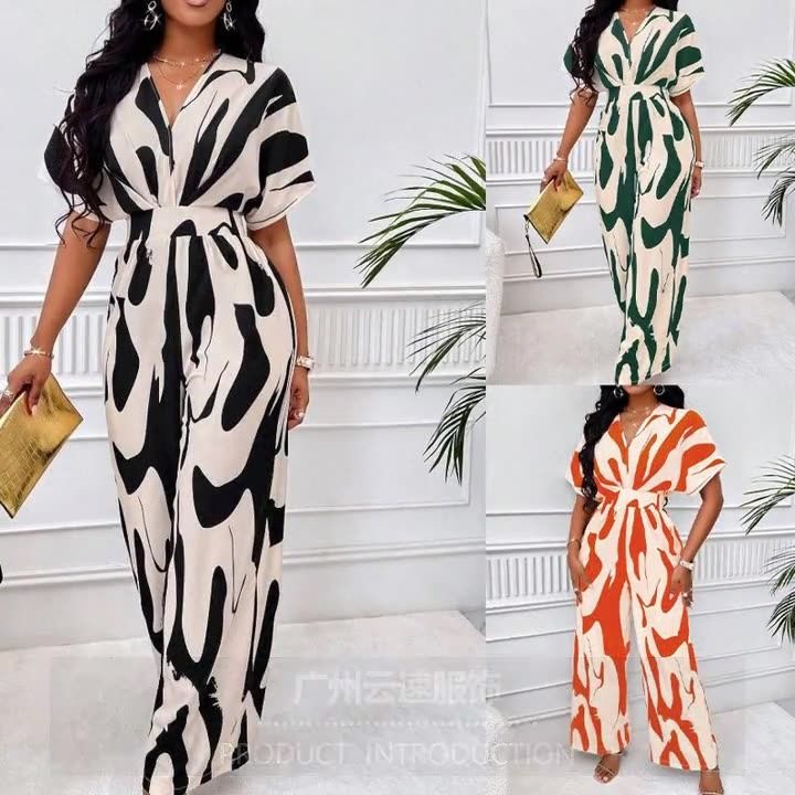 Summer Africa's new high-waisted women's full-body printed bat sleeves will only commuter style elegant wide leg straight onesie - suitable for casual wear