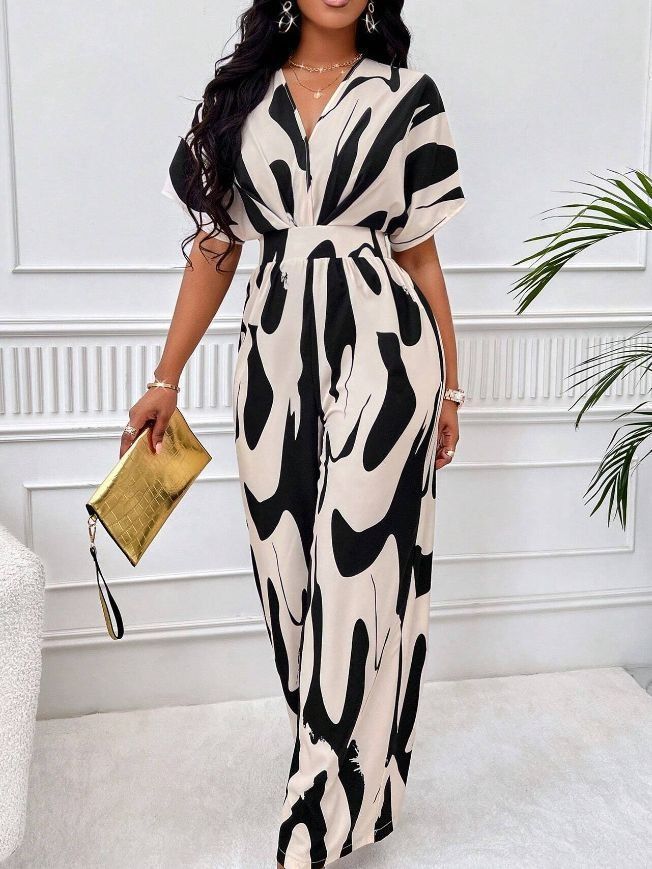 Summer Africa's new high-waisted women's full-body printed bat sleeves will only commuter style elegant wide leg straight onesie - suitable for casual wear