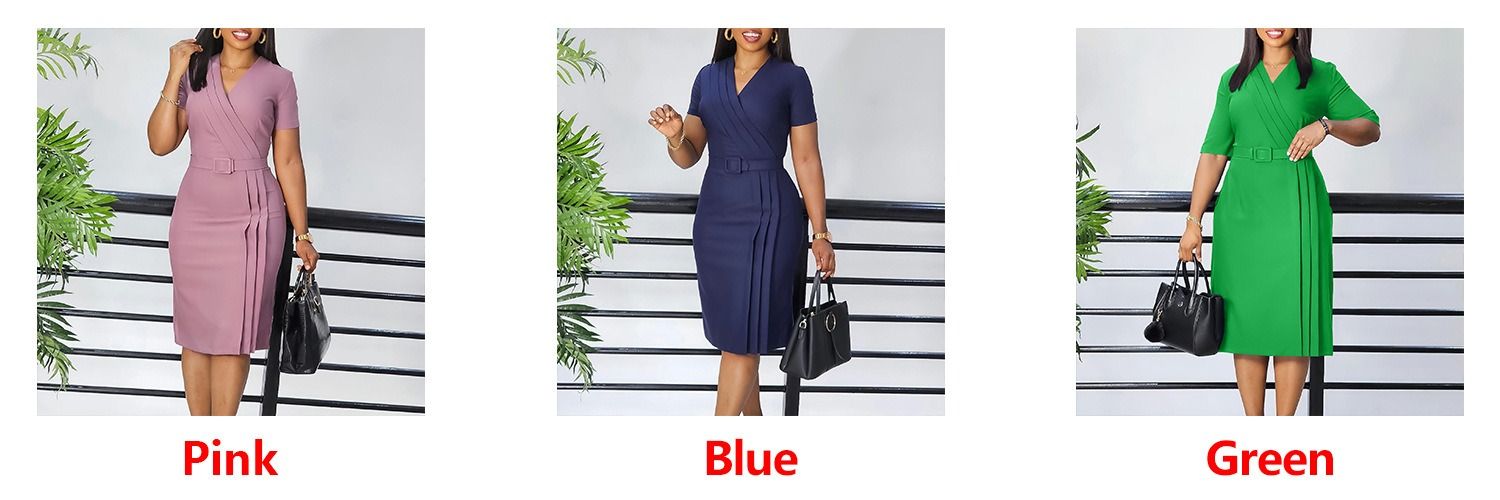 Summer New Short Sleeve V-neck Waist Solid Color OL Tongle Pencil Skirt 2024 African Dress Solid Color Pattern Crease Craft Popular Belt Elements Temperament Elegant Style