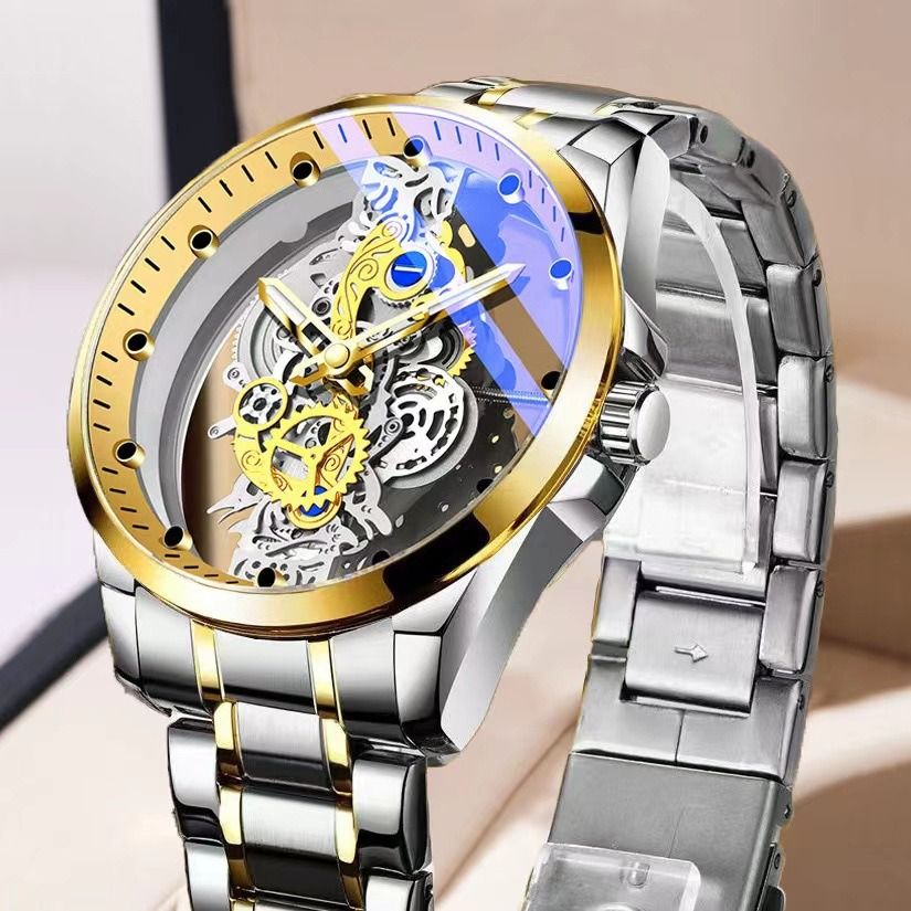 2024 Africa Double-sided Transparent Hollow Automatic Mechanical Watch Men's Waterproof Luminous Quartz Watch Intelligent High-End Men's Watch Essential Business Style