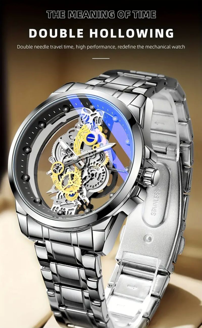 2024 Africa Double-sided Transparent Hollow Automatic Mechanical Watch Men's Waterproof Luminous Quartz Watch Intelligent High-End Men's Watch Essential Business Style