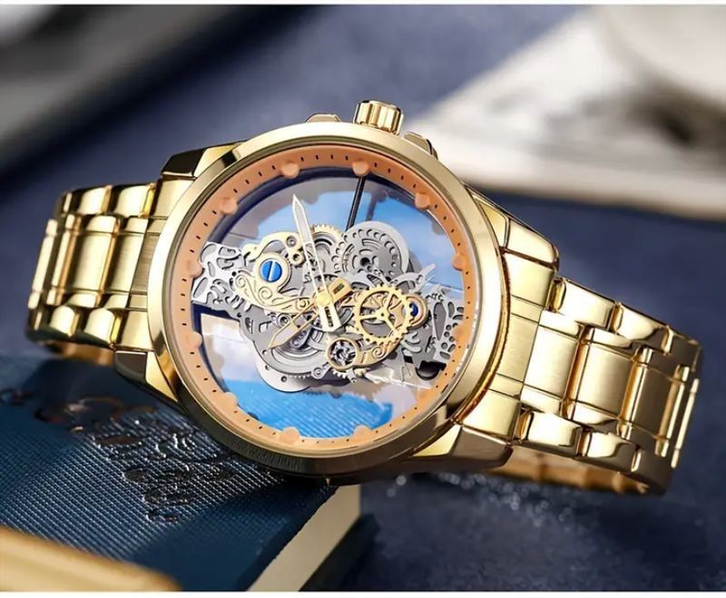 2024 Africa Double-sided Transparent Hollow Automatic Mechanical Watch Men's Waterproof Luminous Quartz Watch Intelligent High-End Men's Watch Essential Business Style