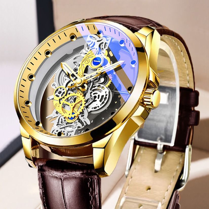 2024 Africa New Double-sided Transparent Hollow Automatic Mechanical Watch Men's Waterproof Luminous Quartz Watch Intelligent High-End Men's Watch Essential Business Style