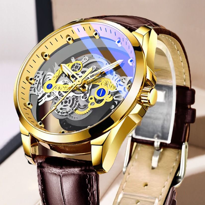 2024 Africa New Double-sided Transparent Hollow Automatic Mechanical Watch Men's Waterproof Luminous Quartz Watch Intelligent High-End Men's Watch Essential Business Style