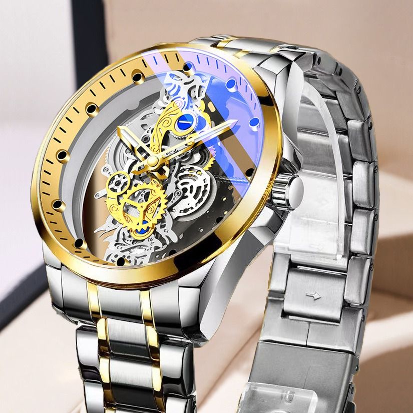 2024 Africa New Double-sided Transparent Hollow Automatic Mechanical Watch Men's Waterproof Luminous Quartz Watch Intelligent High-End Men's Watch Essential Business Style