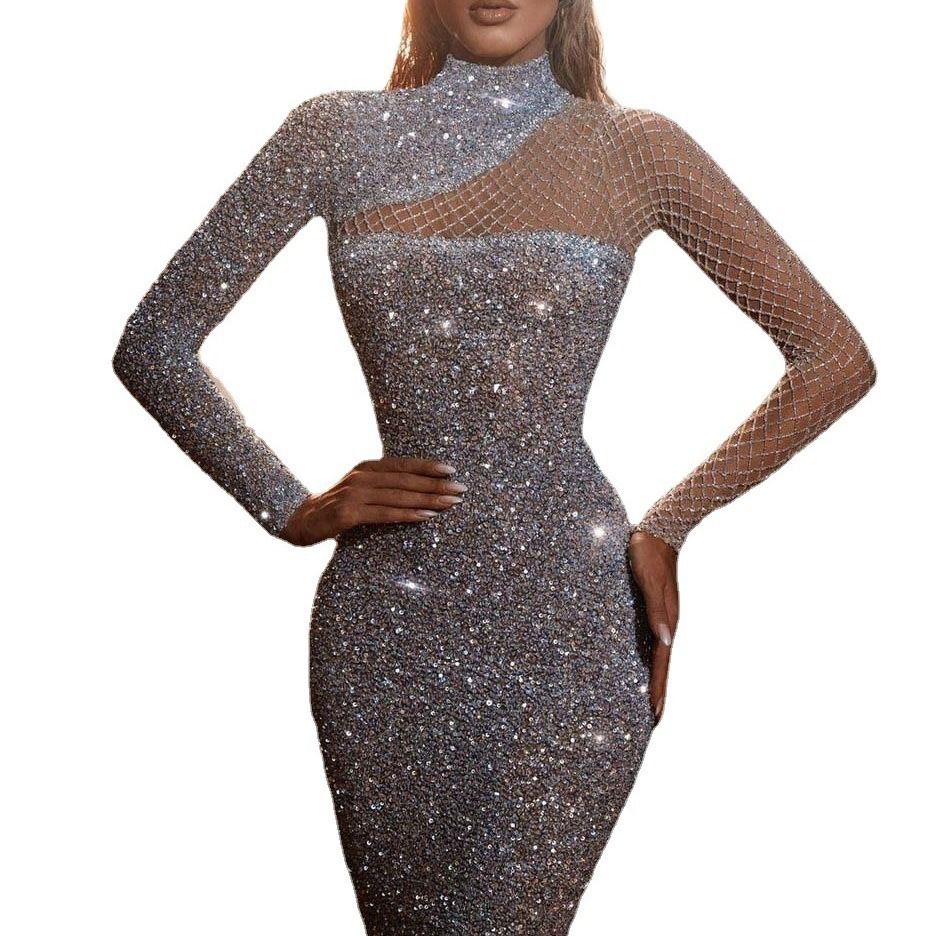 2024 Spring/Summer New Hollow Off Shoulder Dress Round Neck Slim Fit Style S-Shaped Sequin Dress Fashion Noble Elegant Dress Party Concert Evening Dress Long Dress